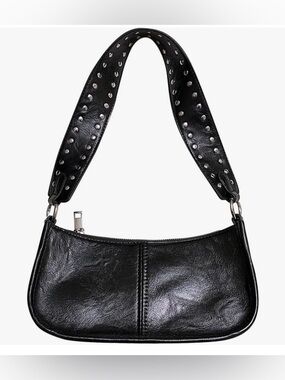 1990’ Y2K Vintage Studded Underarm Leather Bag with Zip Closure Crescent Purse